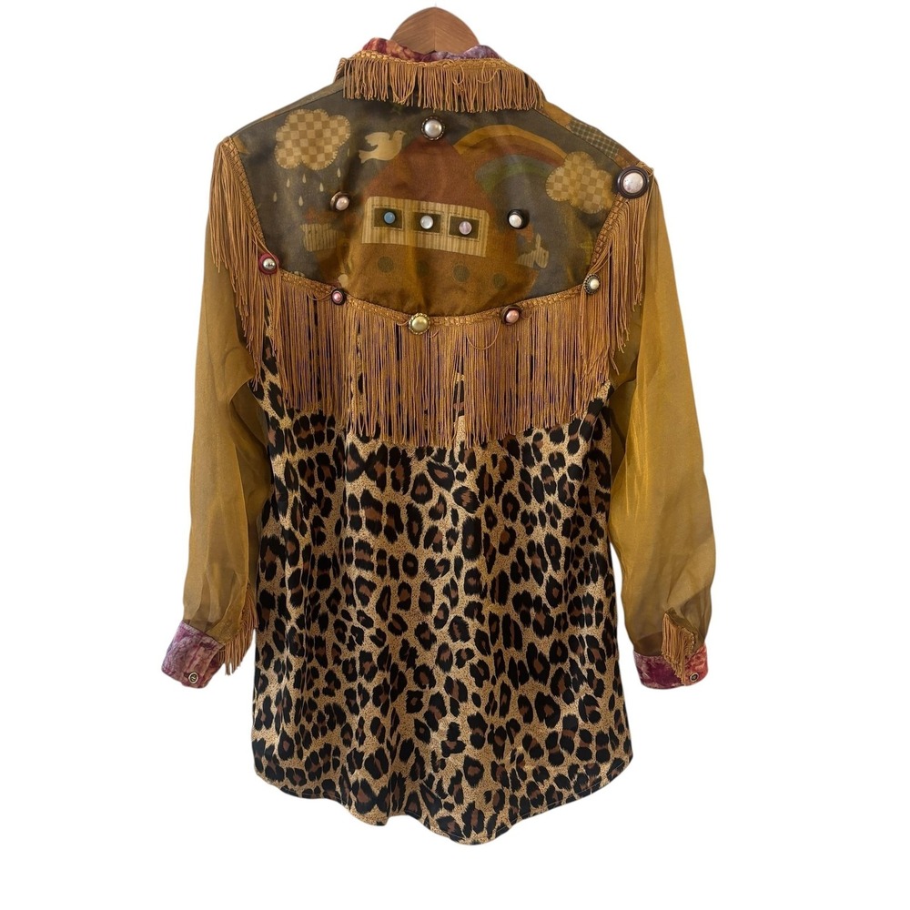Vtg J. Wilde Silk Blend Leopard Top Jacket Womens M Western Fringe Boho Texas - Picture 3 of 12